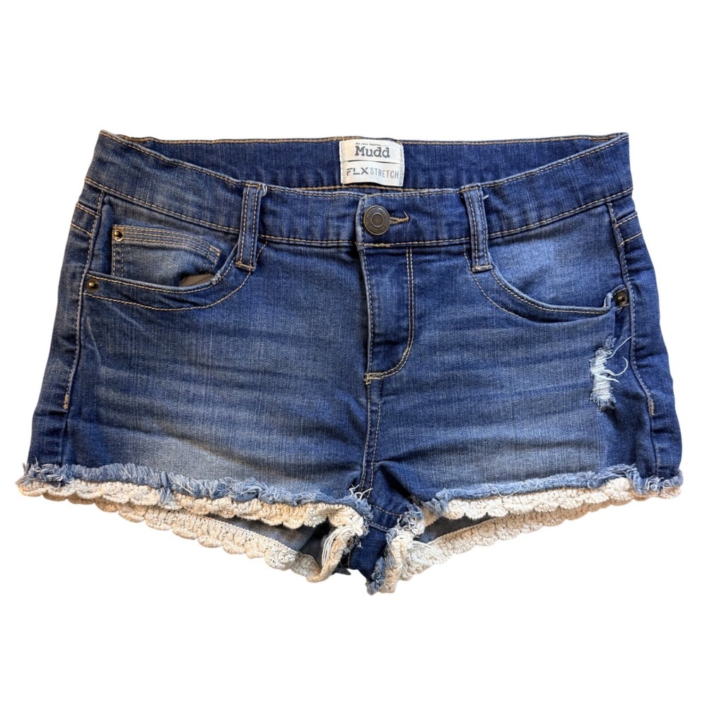 Y2K Mudd‎ FLX Stretch Denim Micro Mini 2" Shorts Crochet Lace Trim Low Rise